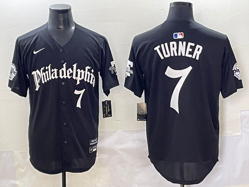 Men's Philadelphia Phillies Trea Turner #7 Black Replica Player Jersey baseball jersey product view 1