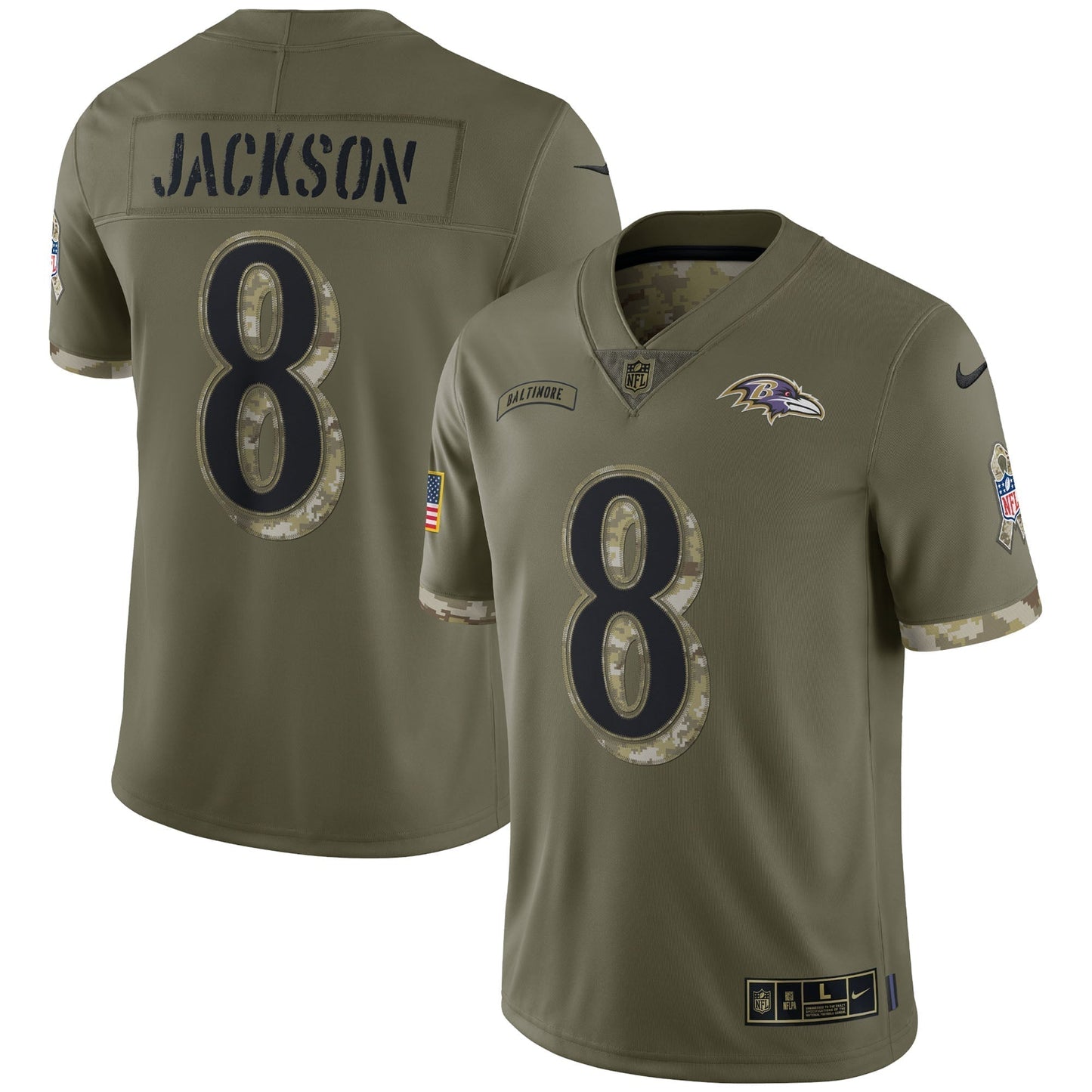 Lamar Jackson Baltimore Ravens 2022 Salute To Service Limited Jersey - Olive football jersey product view 1