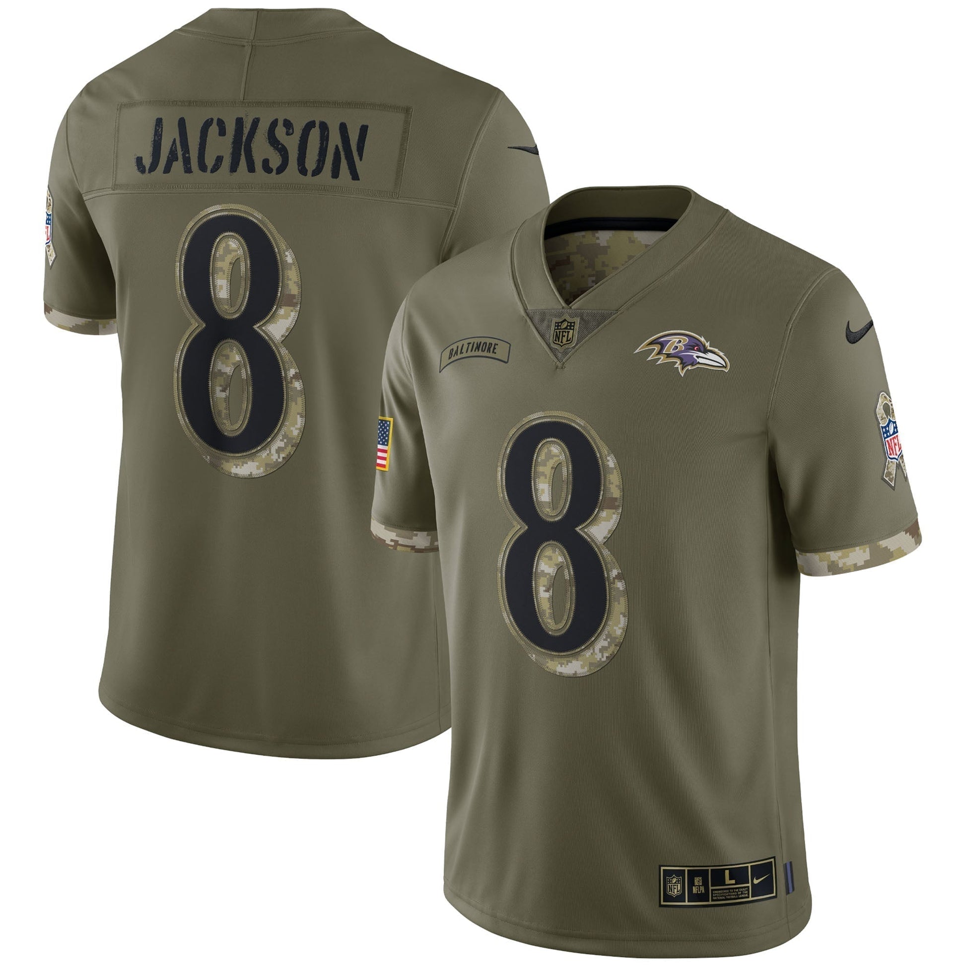 Lamar Jackson Baltimore Ravens 2022 Salute To Service Limited Jersey - Olive football jersey product view 1
