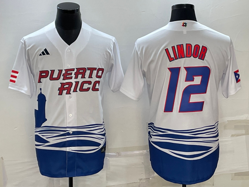 Men's 2023 World Baseball Classic Francisco Lindor Puerto Rico White Jersey baseball jersey product view 1