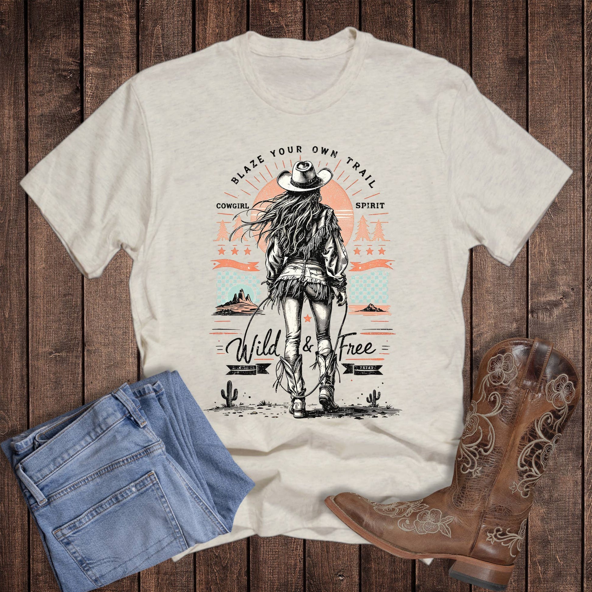 Western Cowgirl Wild and Free Graphic Tee Unisex T-shirt, Sweatshirt, Hoodie, Long Sleeve Tee - T-Shirt, Sweatshirt, Hoodie