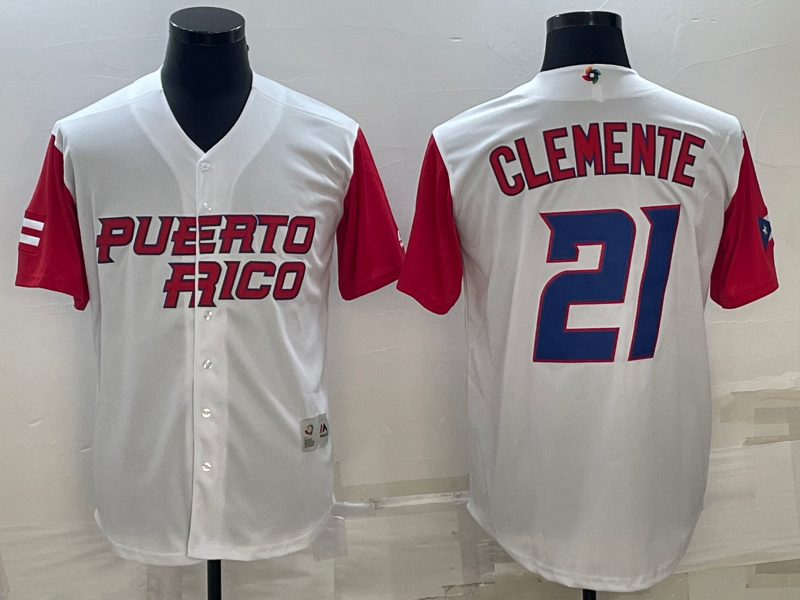 Men's 2023 World Baseball Classic Roberto Clemente Puerto Rico Jersey White baseball jersey product view 1