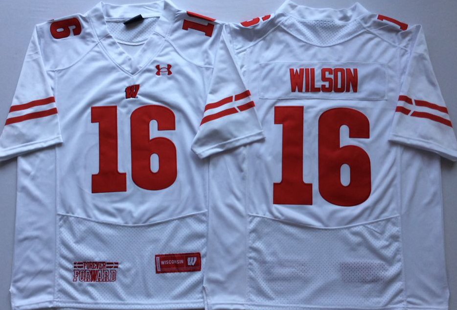 Men's Wisconsin Badgers Russell Wilson #16 White Player Game Jersey sports jersey product view 1