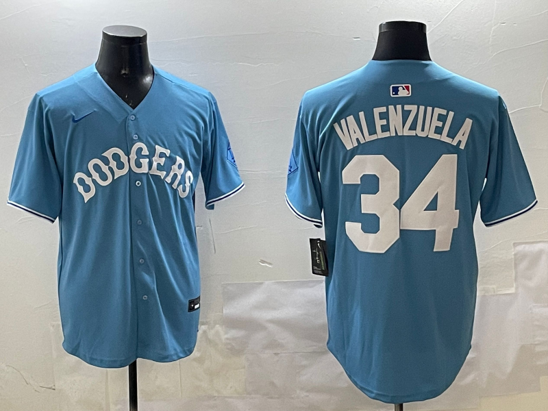 Men's Los Angeles Dodgers Fernando Valenzuela #34 Light Blue Limited Player Jersey baseball jersey product view 1