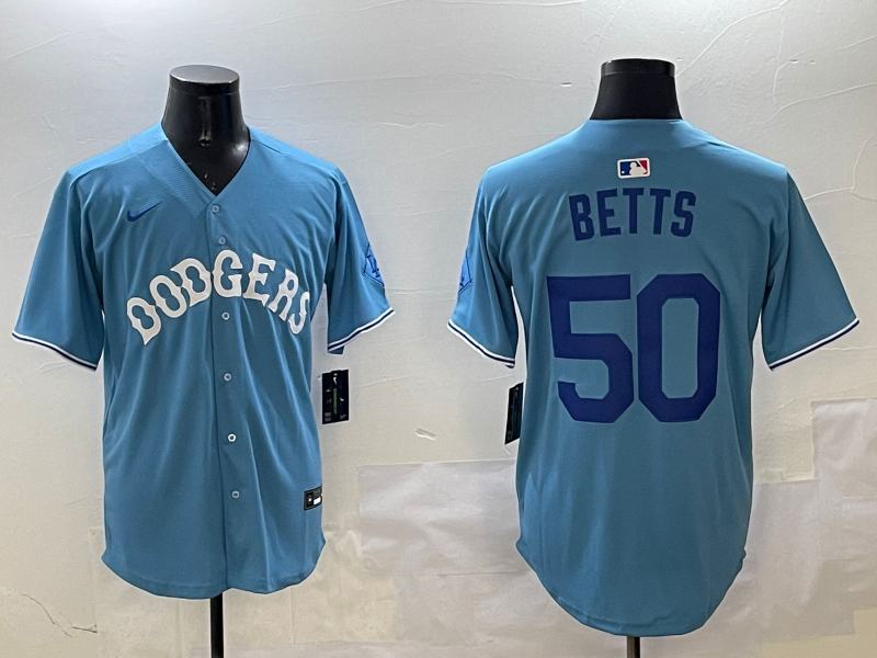 Men's Los Angeles Dodgers Mookie Betts #50 Light Blue Replica Player Jersey baseball jersey product view 1