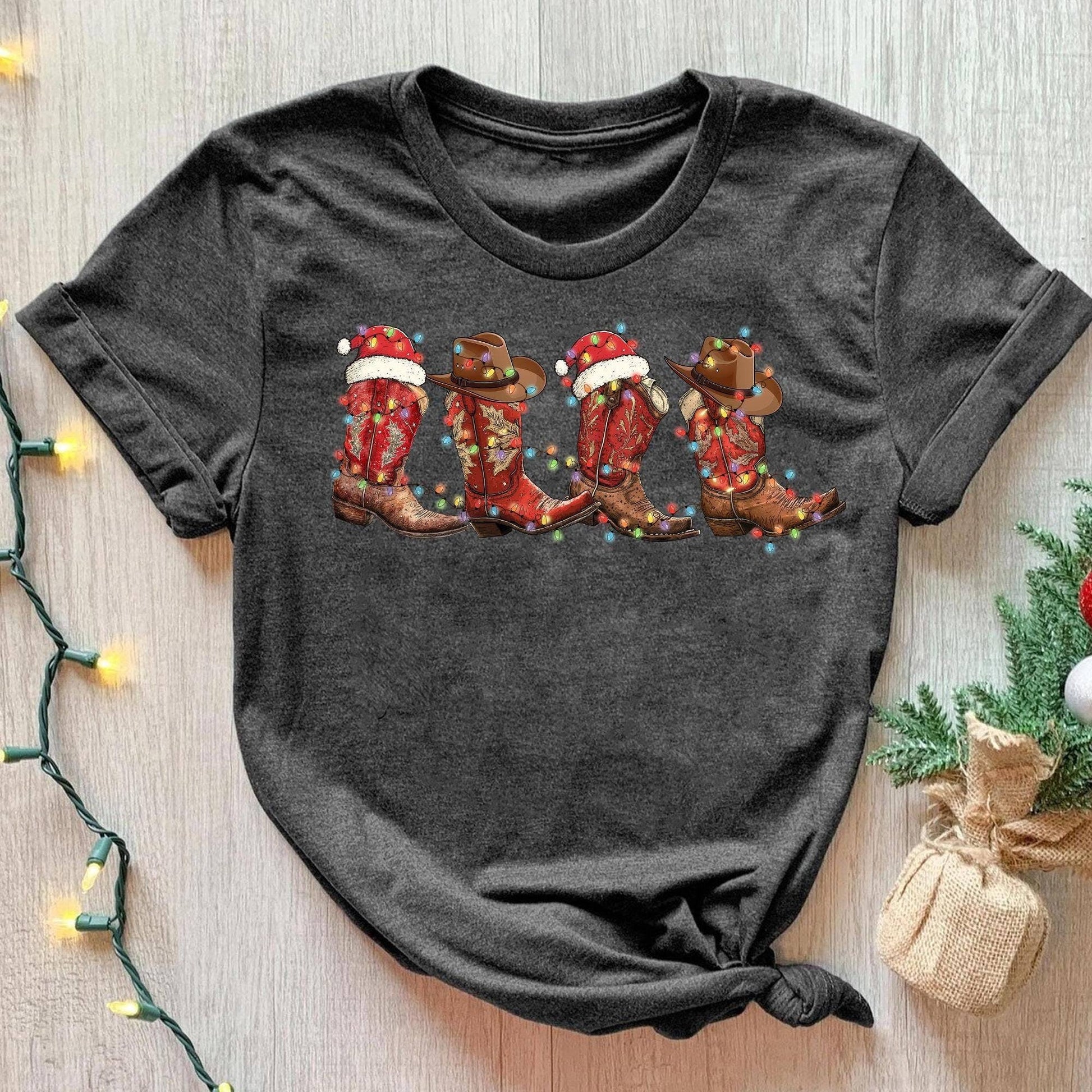 Western Christmas Cowboy Boots Cowgirl Boots Shirt Unisex T-shirt, Sweatshirt, Hoodie, Long Sleeve Tee - T-Shirt, Sweatshirt, Hoodie