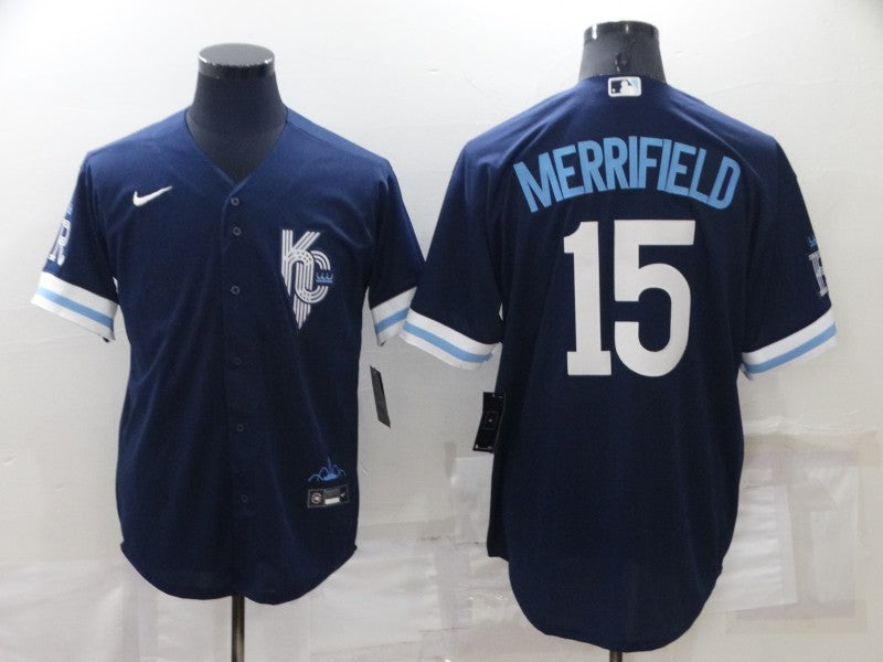 Men's Kansas City Royals Whit Merrifield #15 Navy Replica Baseball Jersey1 baseball jersey product view 1
