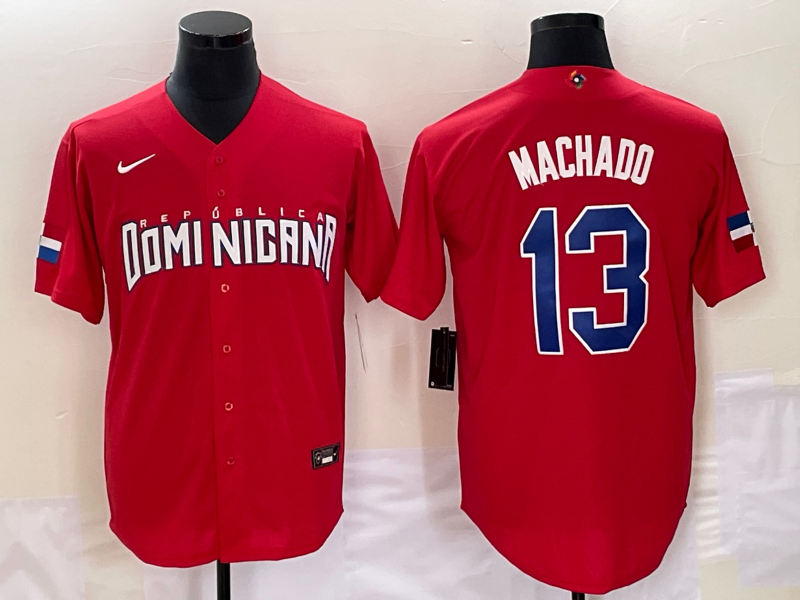Men's 2023 World Baseball Classic Manny Machado Dominican Republic Red Jersey baseball jersey product view 1
