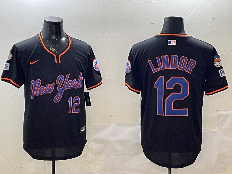 Men's New York Mets Francisco Lindor Black Replica Player Jersey baseball jersey product view 1