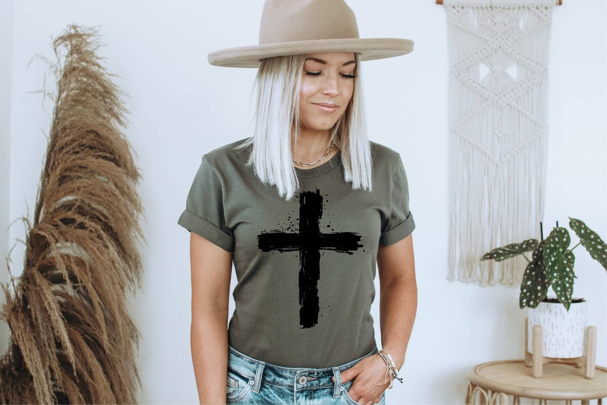 Olive Distressed Cross Bella Faith Based Graphic Tee Unisex T-shirt, Sweatshirt, Hoodie, Long Sleeve Tee - T-Shirt, Sweatshirt, Hoodie