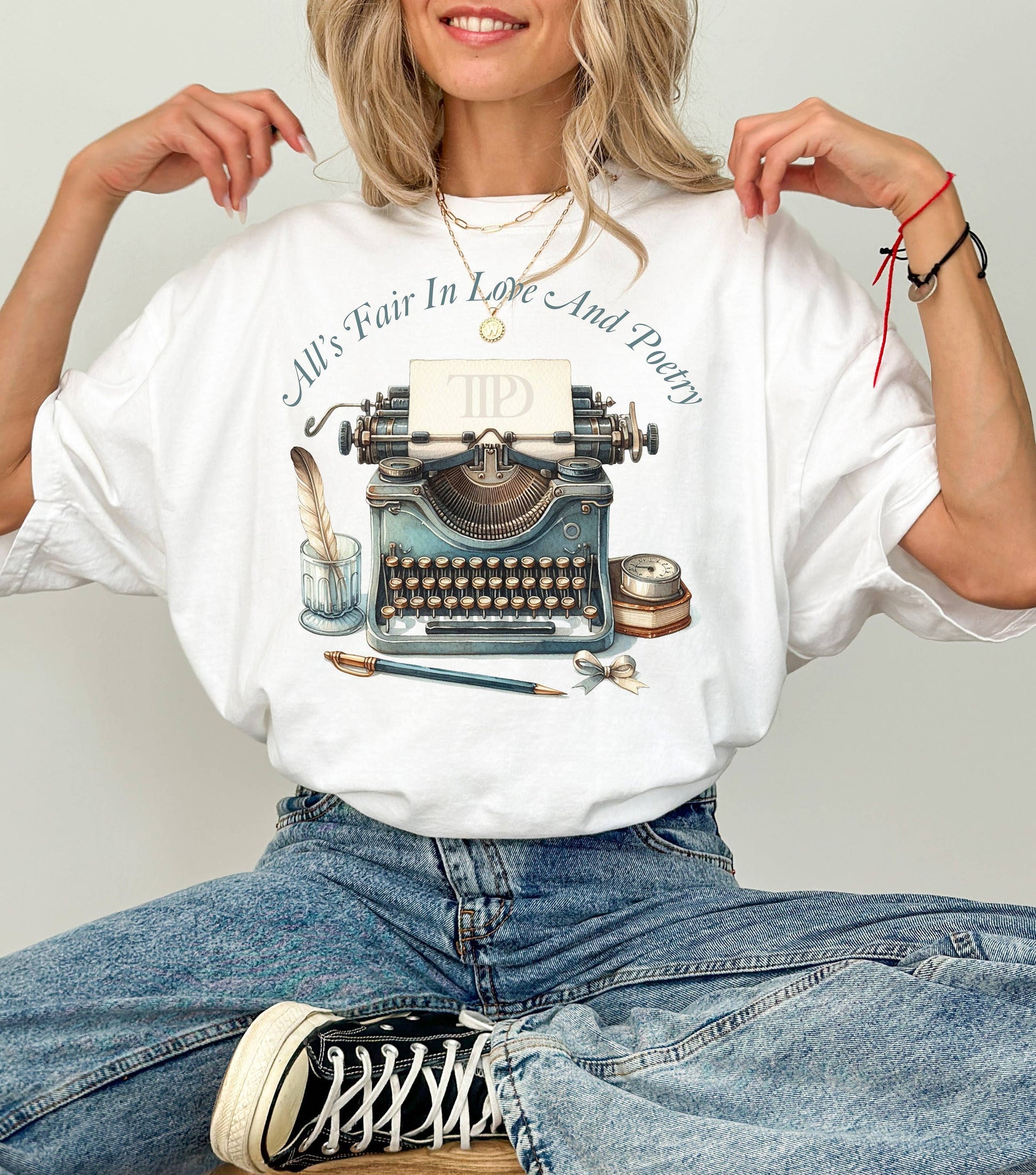 Poetic Musings All's Fair in Love and Poetry Typewriter Tee Unisex T-shirt, Sweatshirt, Hoodie, Long Sleeve Tee - T-Shirt, Sweatshirt, Hoodie