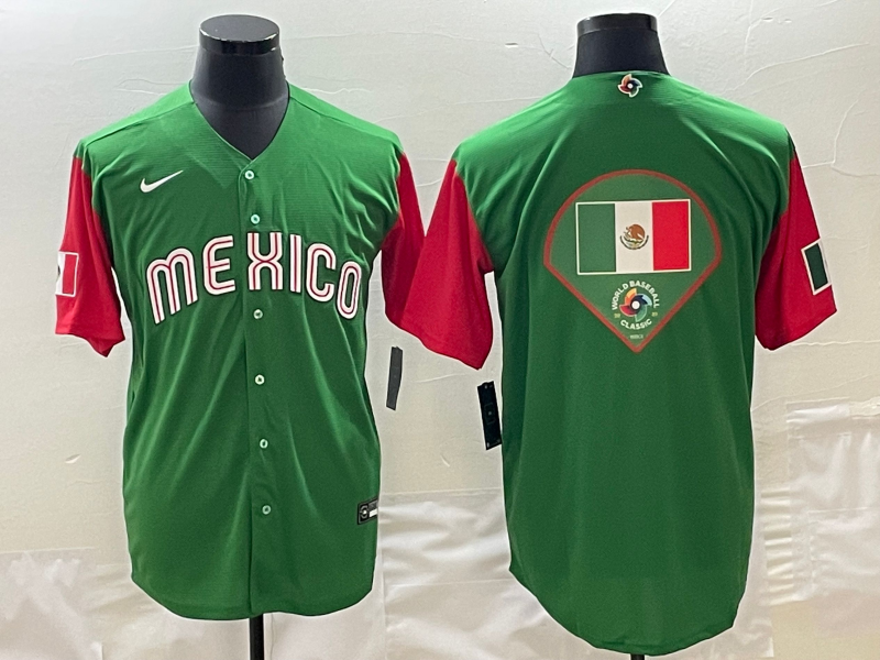 Men's 2023 World Baseball Classic Mexico Green/Red Player Jersey1 baseball jersey product view 1