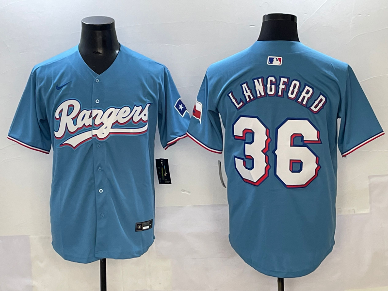 Men's Texas Rangers Wyatt Langford Light Blue Replica Player Jersey baseball jersey product view 1