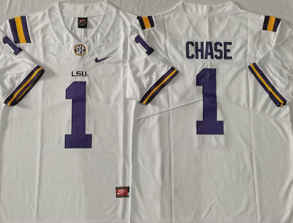 Men's LSU Tigers Ja'Marr Chase White Game Jersey sports jersey product view 1
