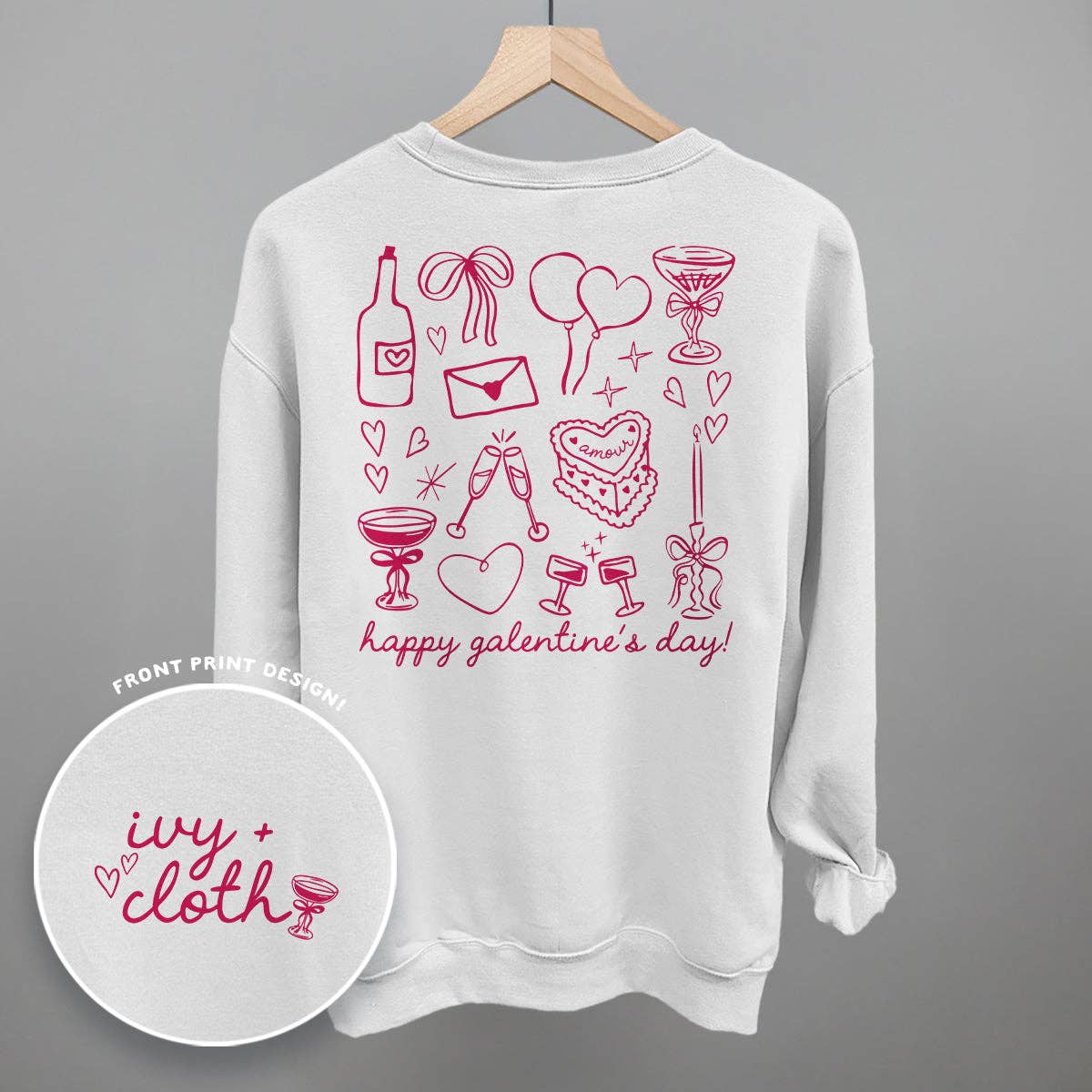Galentine's Pink Doodles (Back Print) Unisex T-shirt, Sweatshirt, Hoodie, Long Sleeve Tee - T-Shirt, Sweatshirt, Hoodie