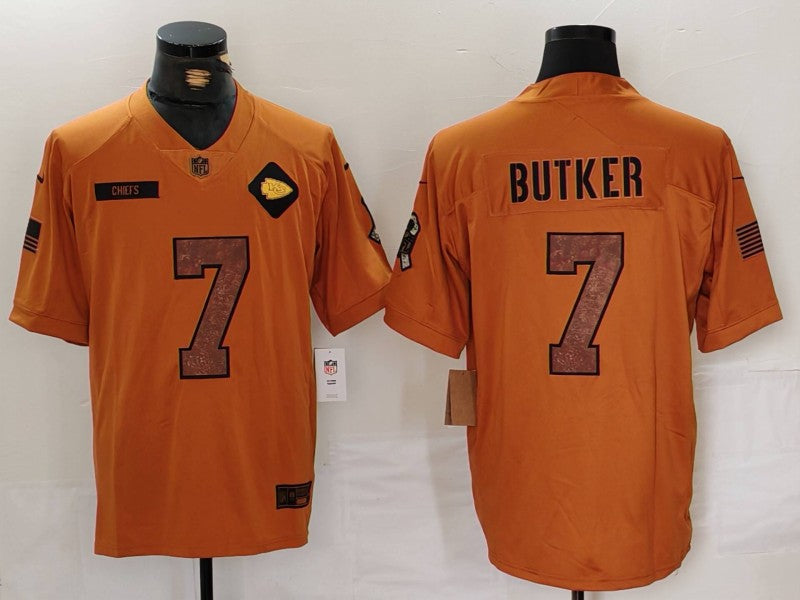 Men's Kansas City Chiefs Harrison Butker Brown 2023 Salute To Service Limited Jersey football jersey product view 1