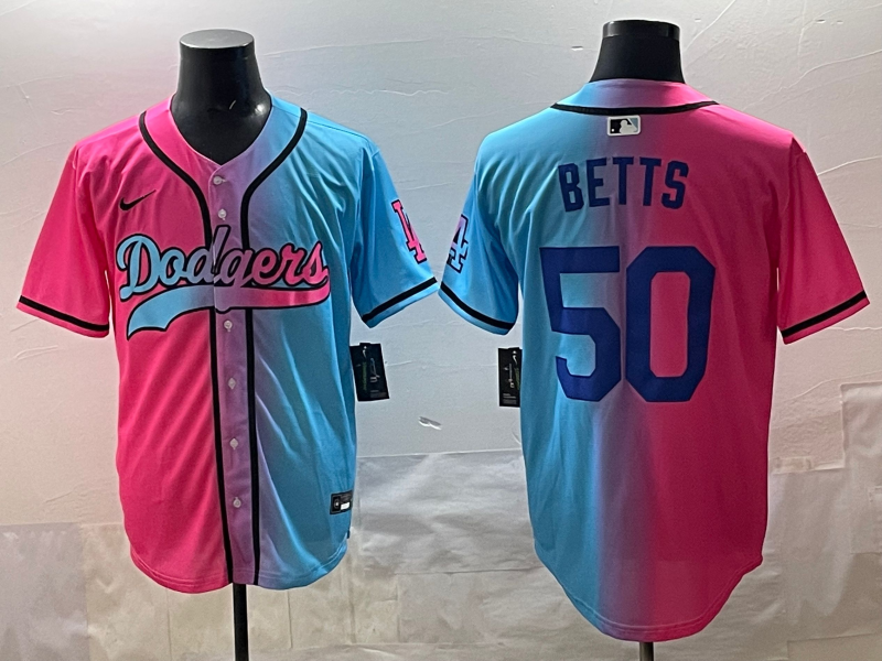 Men's Los Angeles Dodgers Mookie Betts #50 Pink/Blue Player Jersey baseball jersey product view 1