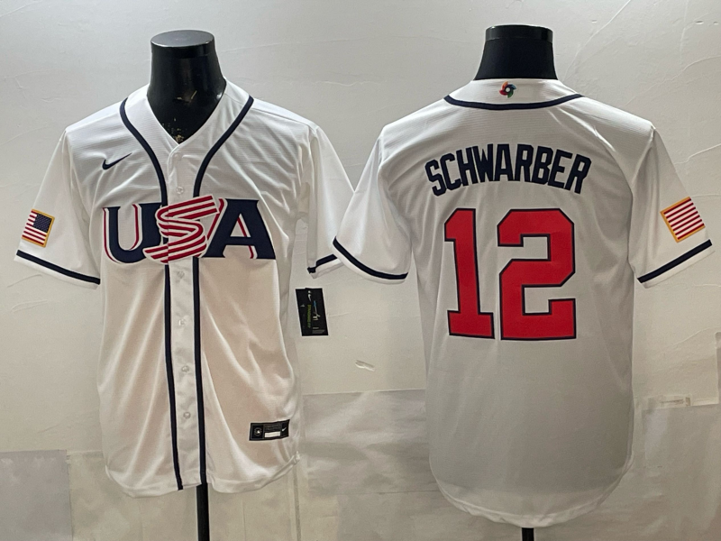 Men's USA Baseball Kyle Schwarber #12 White 2026 World Baseball Classic Stadium Jersey baseball jersey product view 1