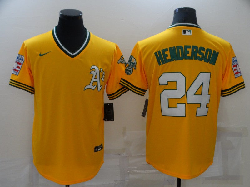 Men's Oakland Athletics Rickey Henderson #24 Yellow Replica Team Jersey baseball jersey product view 1