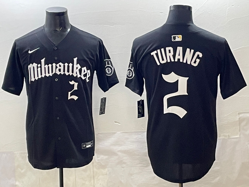 Men's Milwaukee Brewers Brice Turang #2 Black Replica Team Jersey baseball jersey product view 1
