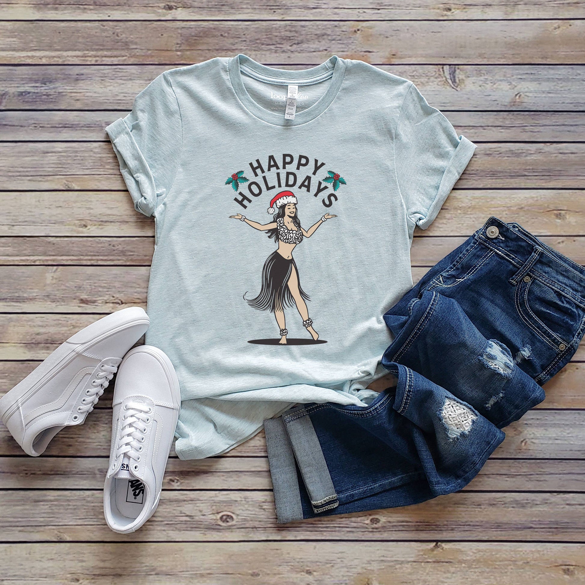 Happy Holidays Hawaiian Dancer Tee | Christmas | Sizes XS-2X Unisex T-shirt, Sweatshirt, Hoodie, Long Sleeve Tee - T-Shirt, Sweatshirt, Hoodie