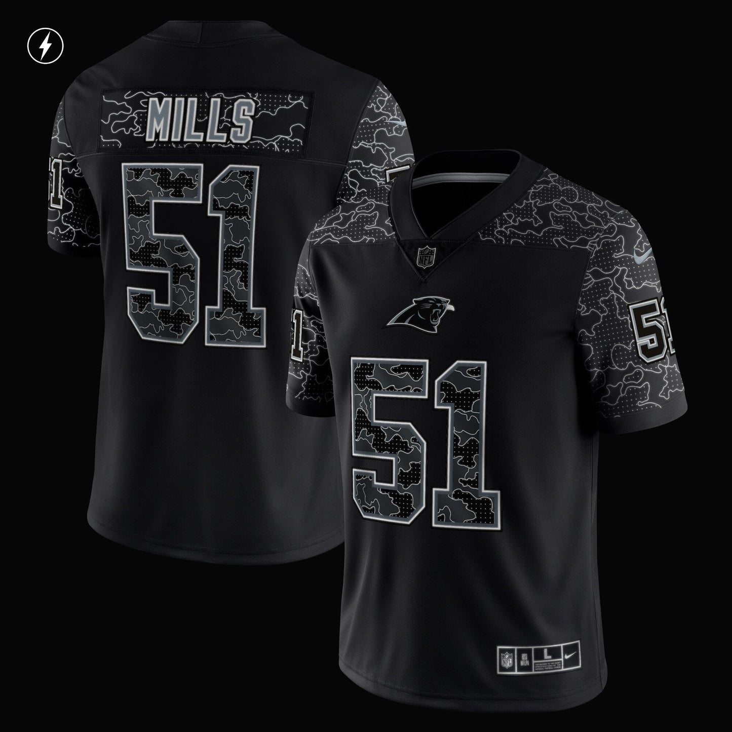 Sam Mills Carolina Panthers Retired RFLCTV Limited Jersey - Black football jersey product view 2