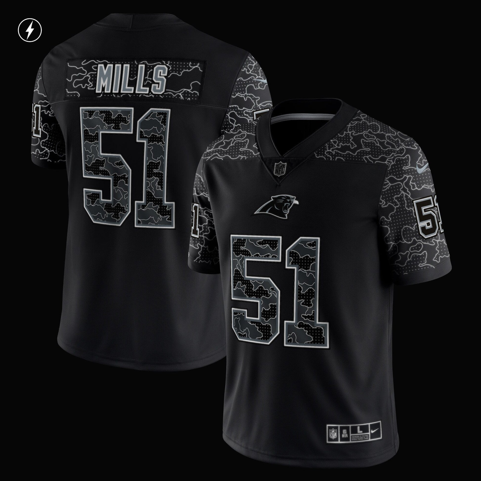 Sam Mills Carolina Panthers Retired RFLCTV Limited Jersey - Black football jersey product view 2