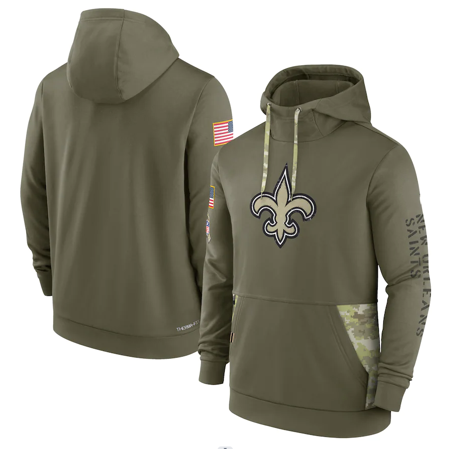 Men's New Orleans Saints Olive 2022 Salute to Service Therma Performance Pullover Hoodie football jersey product view 1