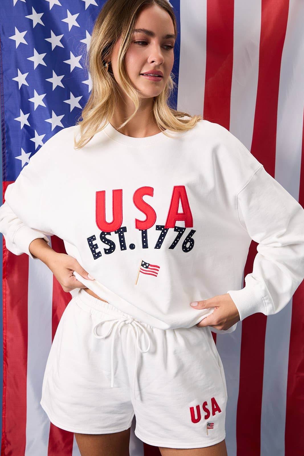 Round Neck USA Graphic Embo Sweatshirt Unisex T-shirt, Sweatshirt, Hoodie, Long Sleeve Tee - T-Shirt, Sweatshirt, Hoodie