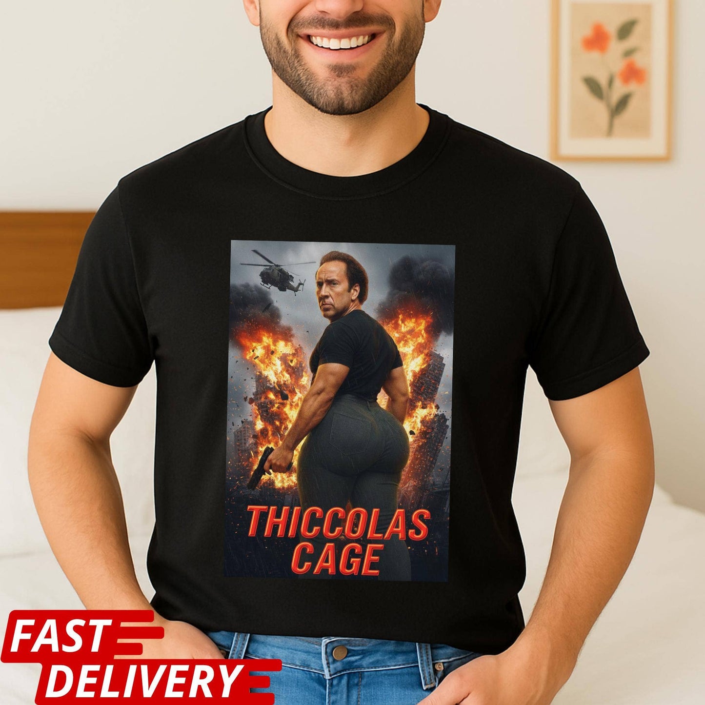 Thiccolas Cage Funny Action Movie Meme Tee Unisex T-shirt, Sweatshirt, Hoodie, Long Sleeve Tee - T-Shirt, Sweatshirt, Hoodie