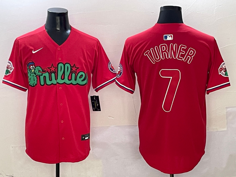 Men's Philadelphia Phillies Trea Turner #7 Red Player Jersey1 baseball jersey product view 1