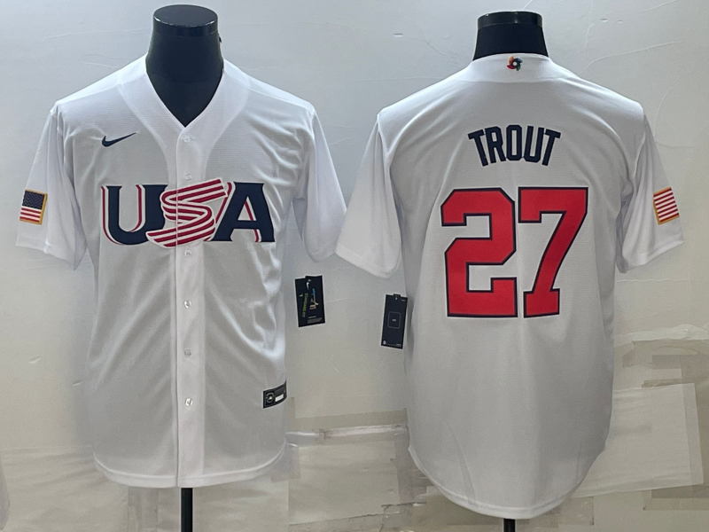 Men's 2023 World Baseball Classic Mike Trout USA White Jersey baseball jersey product view 1