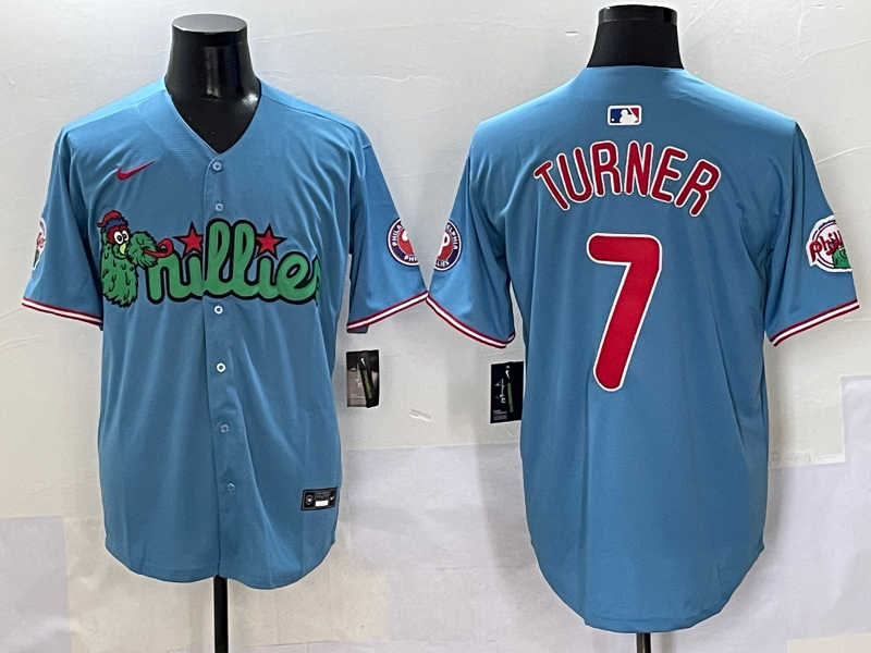 Men's Philadelphia Phillies Trea Turner #7 Blue Player Jersey1 baseball jersey product view 1