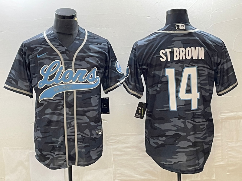 Men's Detroit Lions Amon-Ra St. Brown #14 Grey Camouflage Game Jersey1 Joint Edition football jersey product view 1