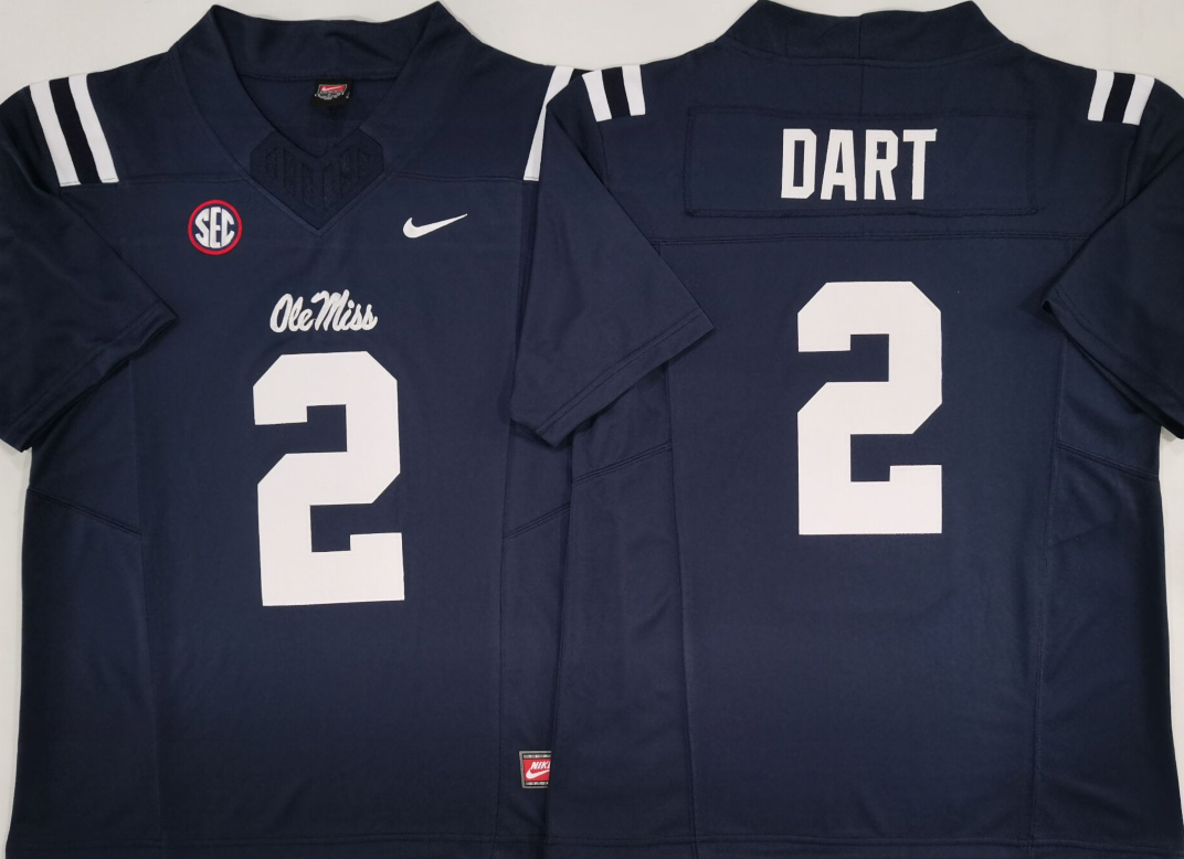 Men's Ole Miss Rebels Jaxson Dart Navy Game Jersey sports jersey product view 1