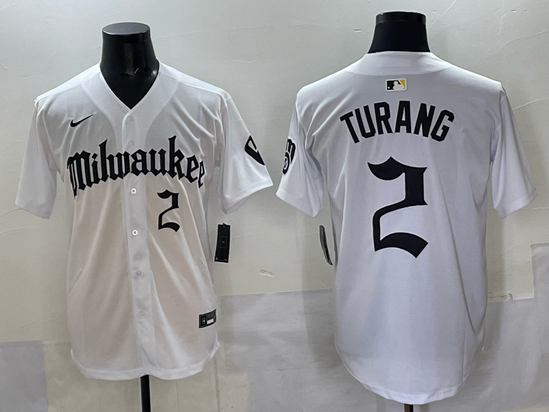 Men's Milwaukee Brewers Brice Turang White Replica Player Jersey baseball jersey product view 1