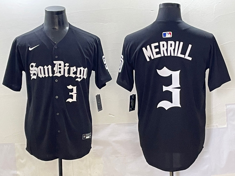 Men's San Diego Padres Jackson Merrill #3 Black Player Game Jersey baseball jersey product view 1