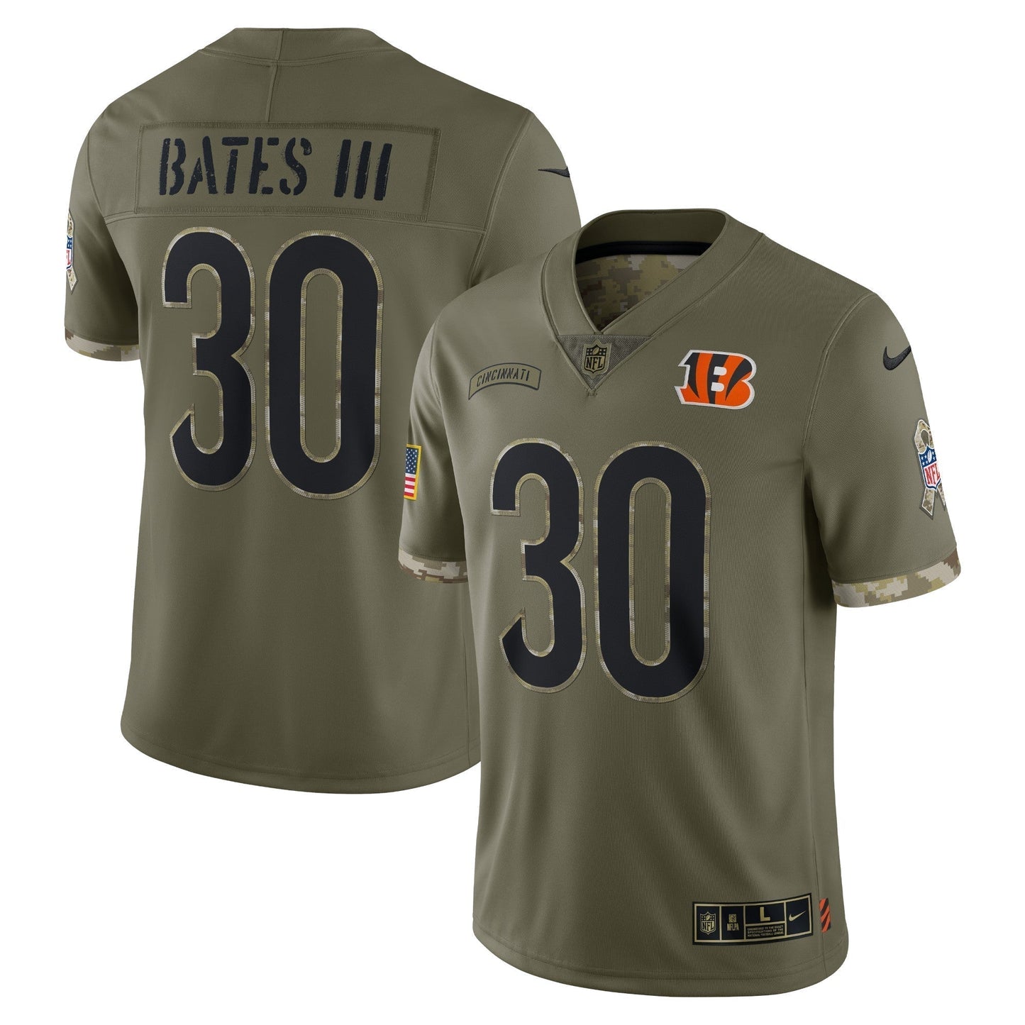 Jessie Bates III Cincinnati Bengals 2022 Salute To Service Limited Jersey - Olive football jersey product view 1