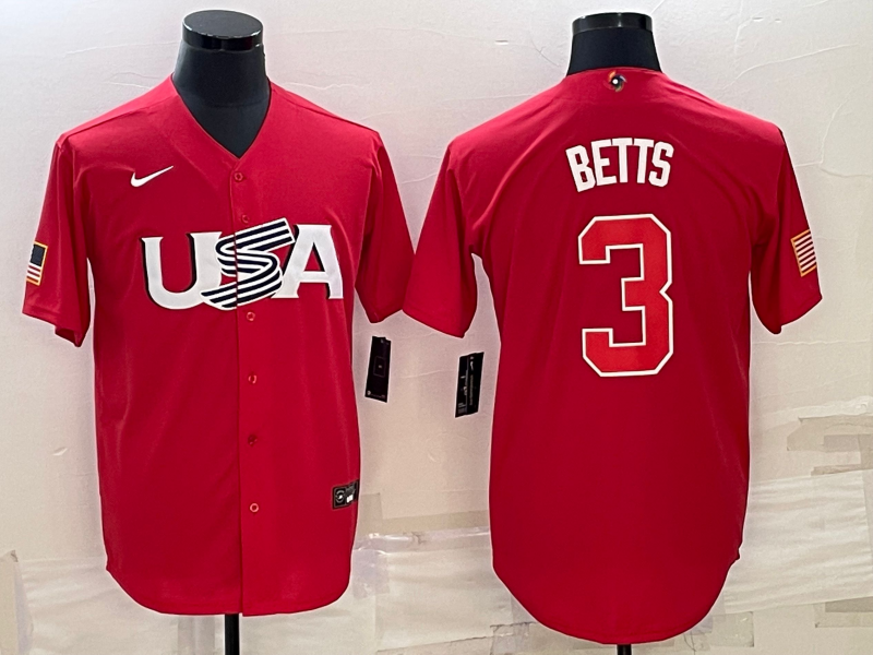 Men's 2023 World Baseball Classic #3 Mookie Betts USA Red Jersey1 baseball jersey product view 1