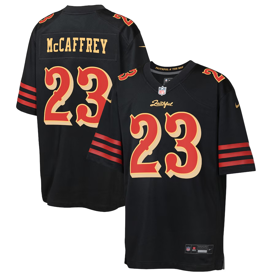Youth San Francisco 49ers Christian McCaffrey Black 2025 Rivalries Collection Game Jersey football jersey product view 1