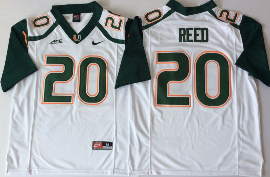Men's Miami Hurricanes Ed Reed #20 White Team Football game Jersey football jersey product view 1