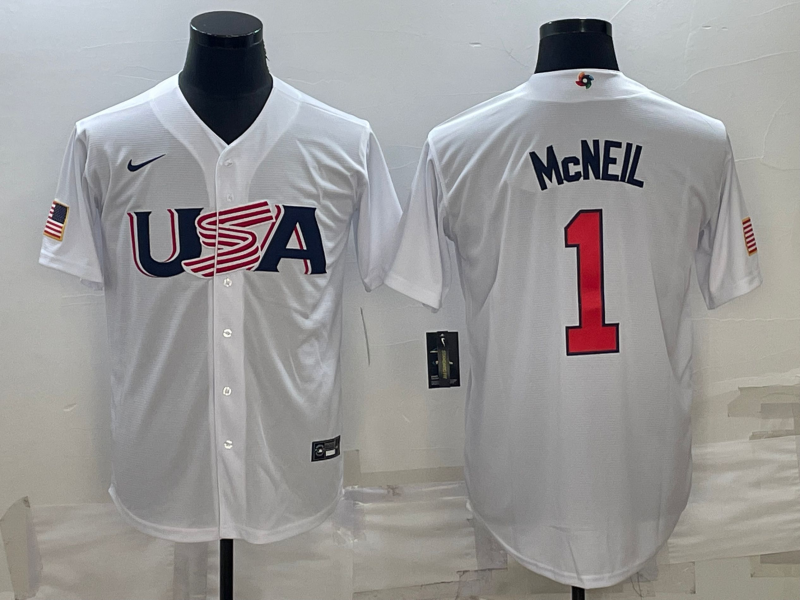 Men's 2023 World Baseball Classic Jeff McNeil USA White Jersey baseball jersey product view 1
