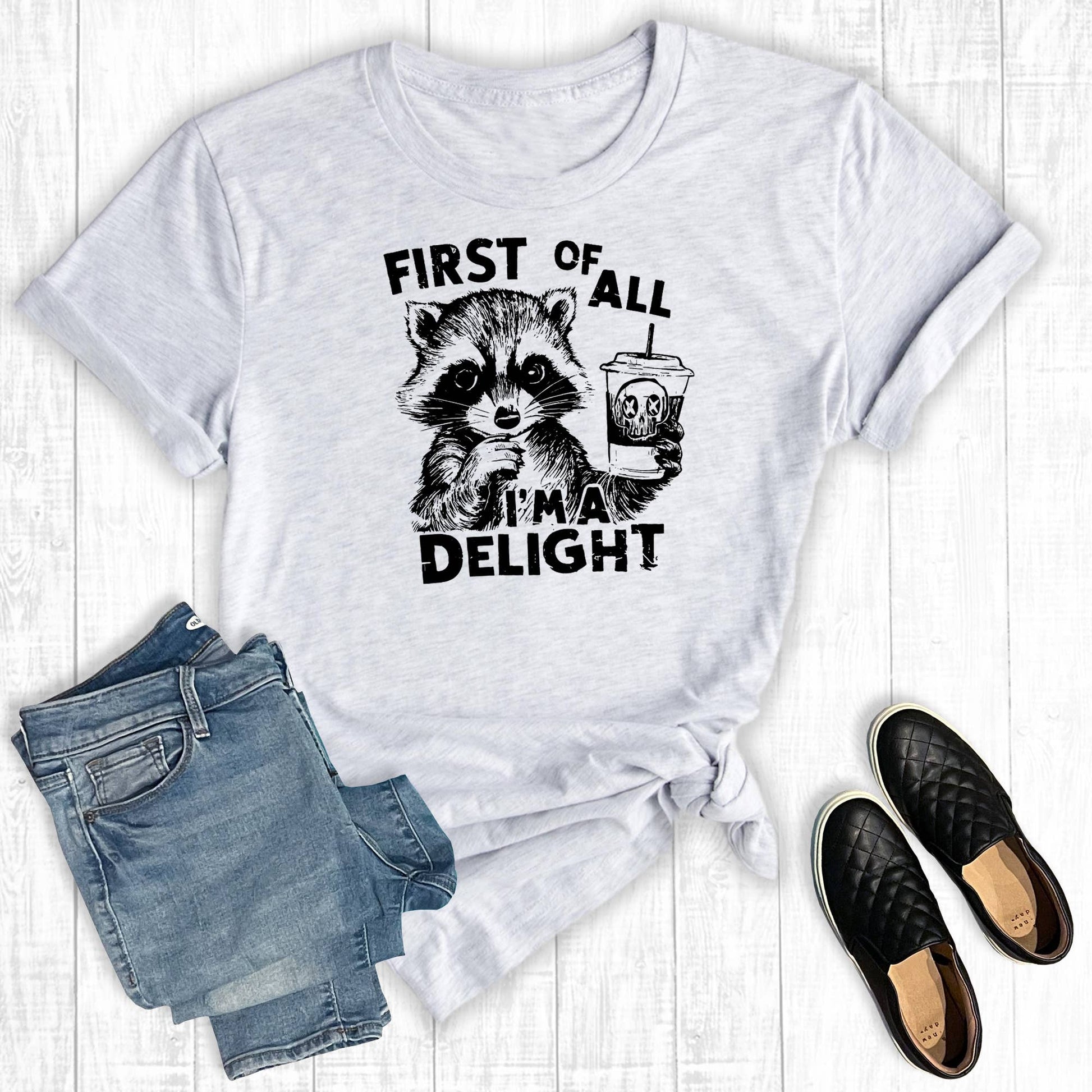 Retro Funny First I'm A Delight Raccoon Graphic Tee Unisex T-shirt, Sweatshirt, Hoodie, Long Sleeve Tee - T-Shirt, Sweatshirt, Hoodie