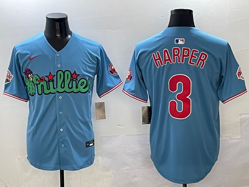 Men's Philadelphia Phillies Bryce Harper Blue Replica Player Jersey baseball jersey product view 1