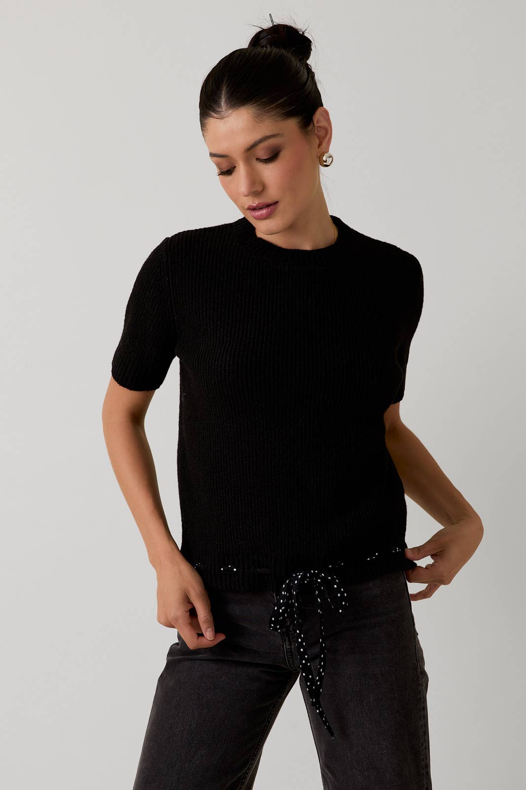 Round Neck Short Sleeve Waist Bow Tied Sweater Top Unisex T-shirt, Sweatshirt, Hoodie, Long Sleeve Tee - T-Shirt, Sweatshirt, Hoodie
