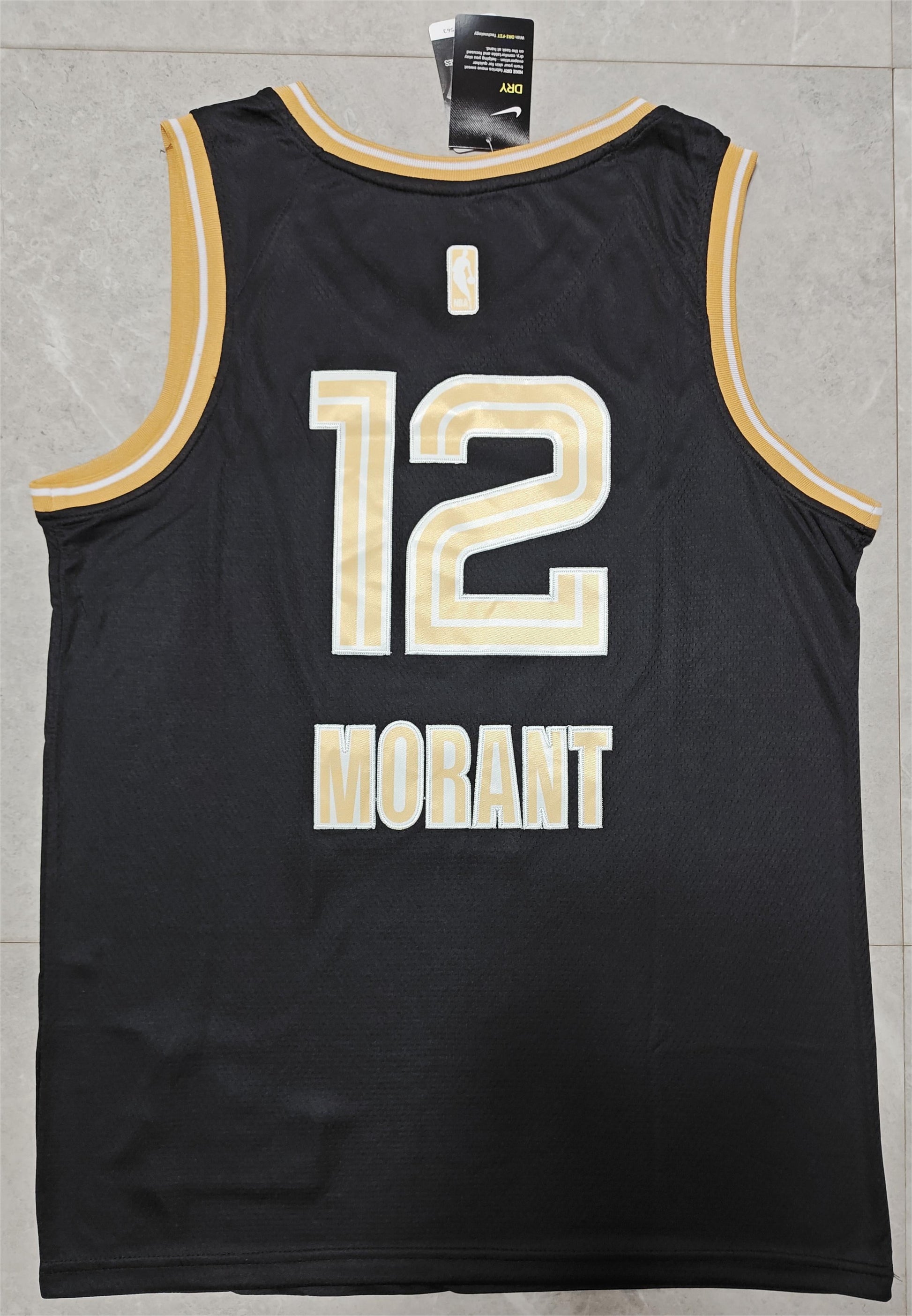 24 Grizzlies #12 Morant black and gold jersey basketball jersey product view 2