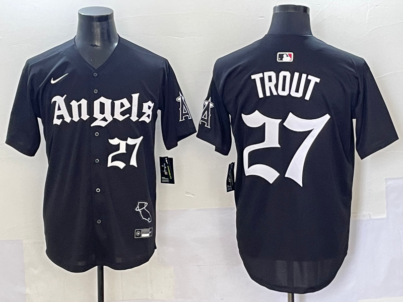 Men's Los Angeles Angels Mike Trout #27 Black Limited Player Jersey baseball jersey product view 1