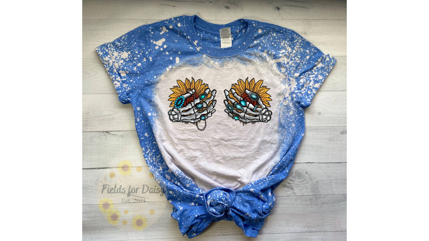 Sunflower Skeleton Hands Bleached T-Shirt - Unique & Bold Unisex T-shirt, Sweatshirt, Hoodie, Long Sleeve Tee - T-Shirt, Sweatshirt, Hoodie