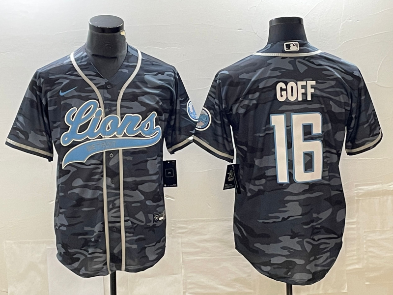 Men's Detroit Lions Jared Goff #16 Grey Camouflage Game Jersey1 Joint Edition football jersey product view 1