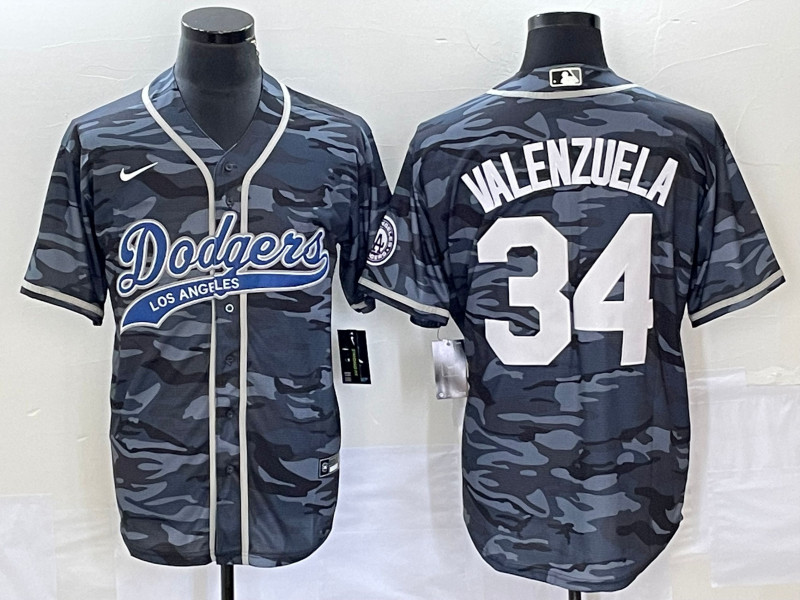 Men's Los Angeles Dodgers Fernando Valenzuela Grey Camouflage Player Jersey Joint Edition baseball jersey product view 1